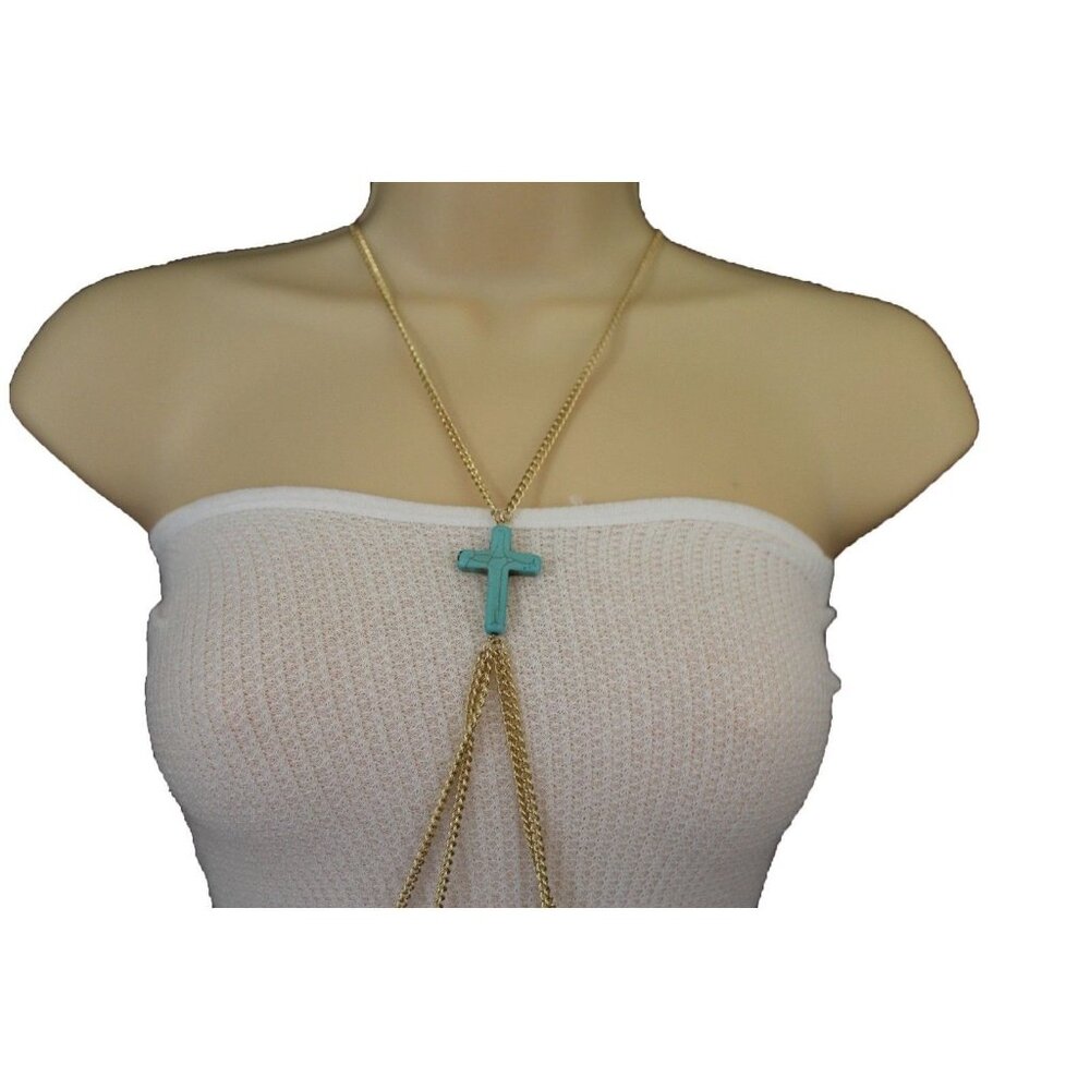 New Women Necklace Fashion Gold Body Chain Jewelry Turquoise Blue Cross Charm